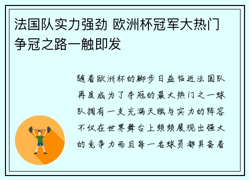 法国队实力强劲 欧洲杯冠军大热门 争冠之路一触即发
