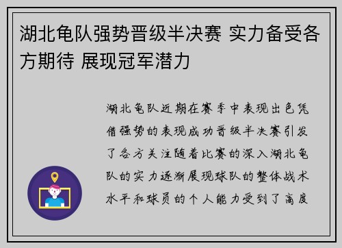 湖北龟队强势晋级半决赛 实力备受各方期待 展现冠军潜力