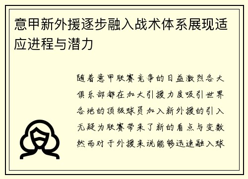 意甲新外援逐步融入战术体系展现适应进程与潜力