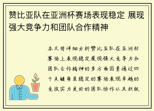 赞比亚队在亚洲杯赛场表现稳定 展现强大竞争力和团队合作精神