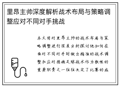 里昂主帅深度解析战术布局与策略调整应对不同对手挑战