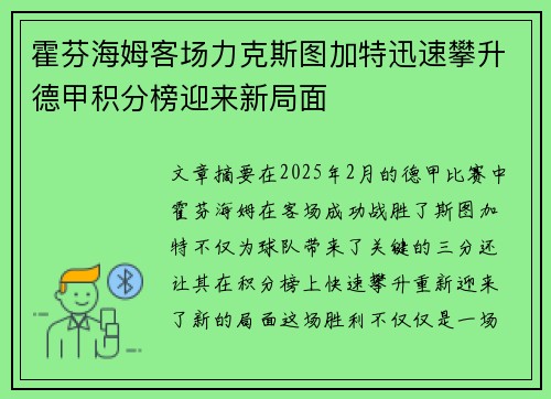 霍芬海姆客场力克斯图加特迅速攀升德甲积分榜迎来新局面