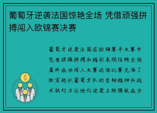葡萄牙逆袭法国惊艳全场 凭借顽强拼搏闯入欧锦赛决赛